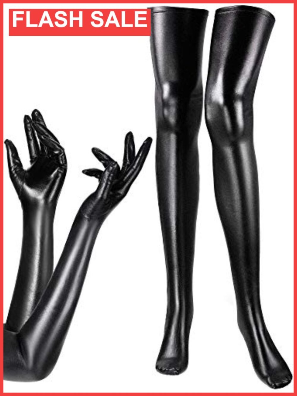 Shiny Wet Look Spandex Gloves Thigh High Stockings Set
